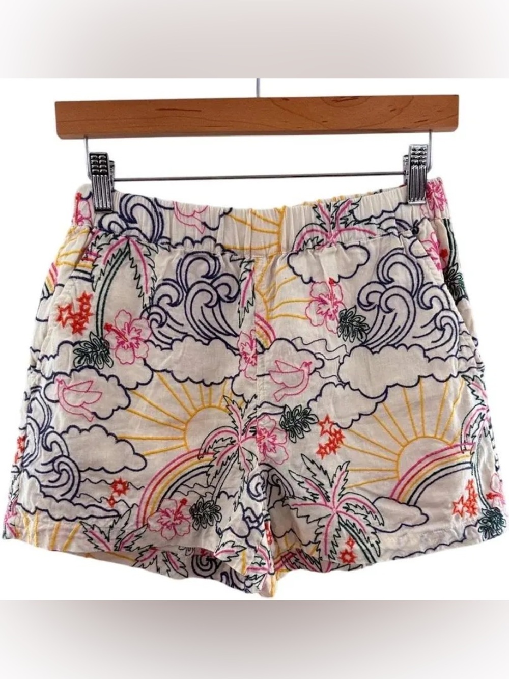 Marine Layer Tan Linen Blend Tropical Embroidery Pull-On Shorts Small Summer